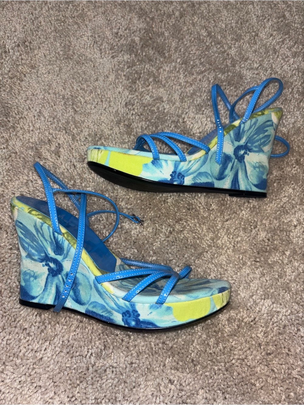 Vintage Nine West Blue Lime Floral Strappy Platform Wedge Sandals Size 6.5